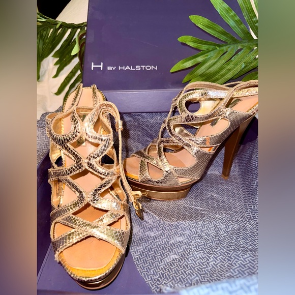 H by Halston Shoes - HALSTON 7.5 Gold Snakeskin Print Strappy Cut Out Platform Dancing Heels